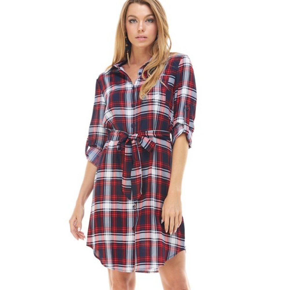 Red Plaid Shirt Dress